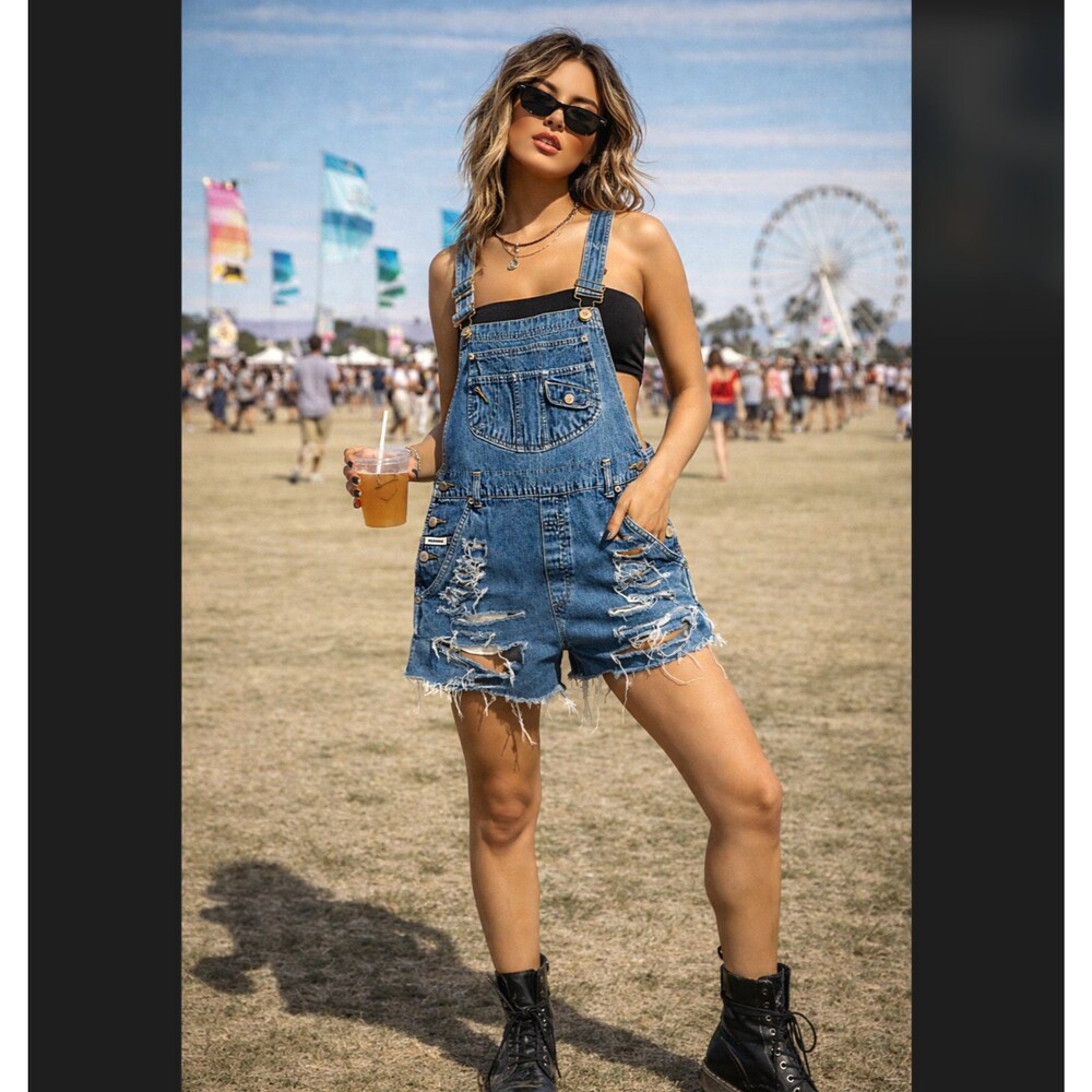 VTG Y2K Squeeze Light Wash Denim Bib Shortalls Small Festival Indie Retro Grunge